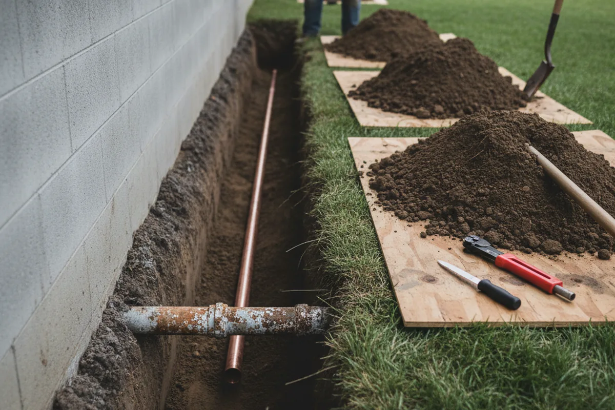 Excavated water line trench during Sewer Line Repair in Export